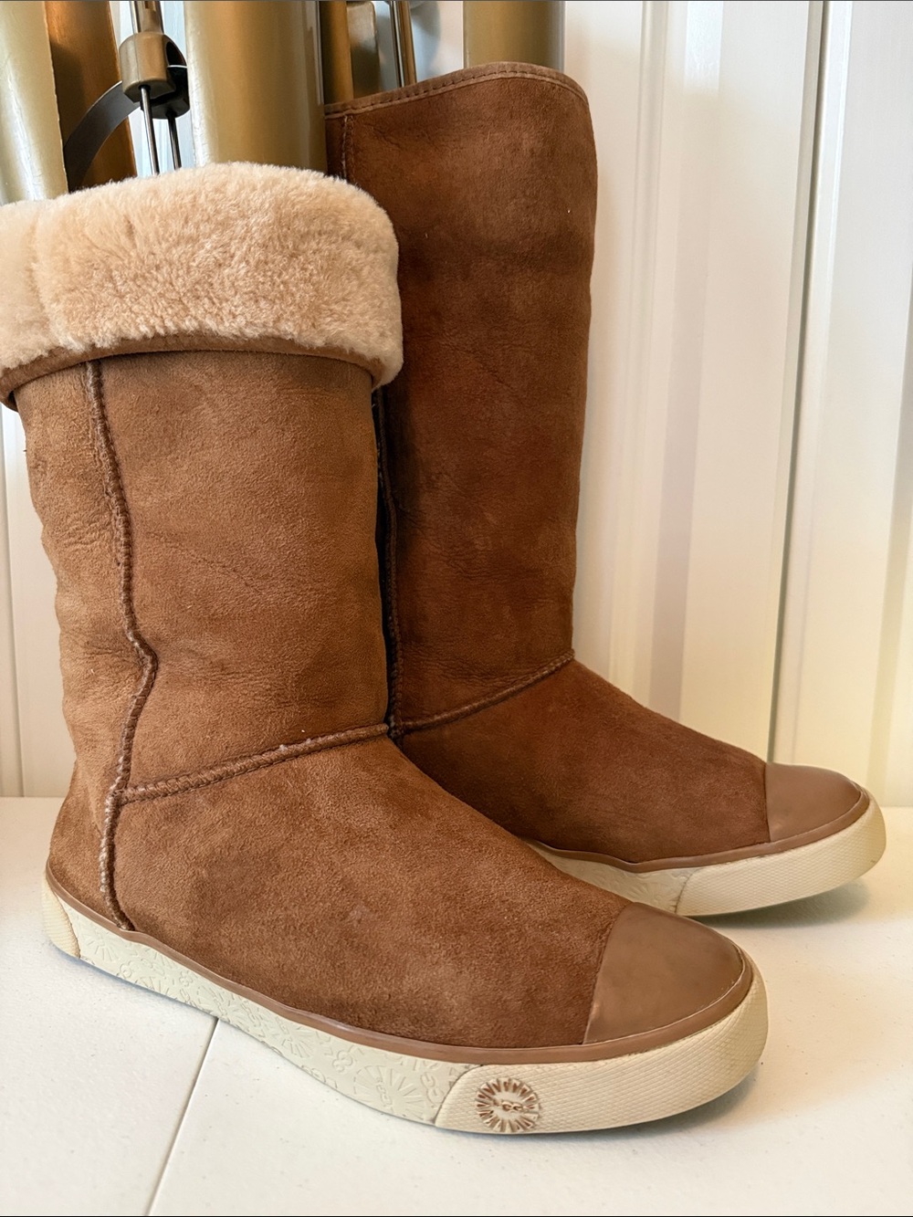 UGG Delaine Chestnut Suede Mid-Calf Shearling Boots with Rubber Toe & Insole